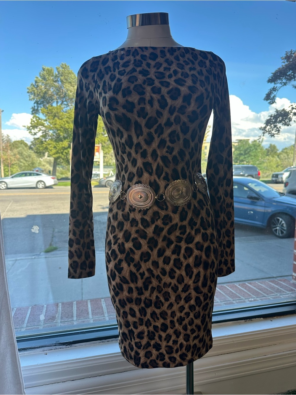 Leopard Print Long Sleeve Fitted Boatneck Dress
